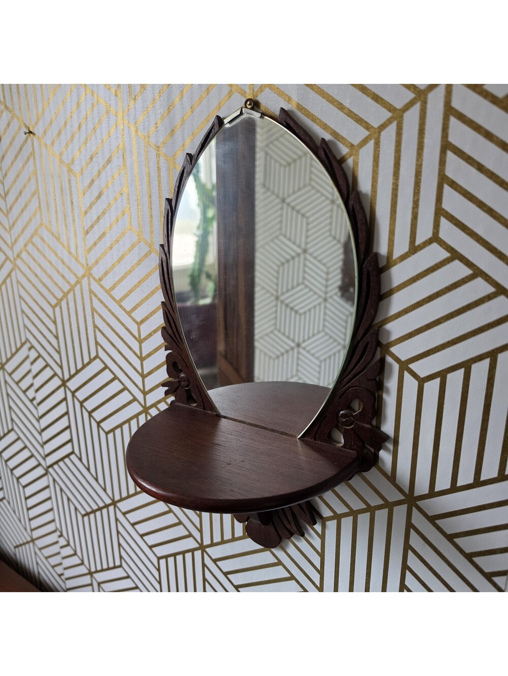 Arched Ornate Antique Brown Wood Wall Mounted Accent Mirror with Shelf